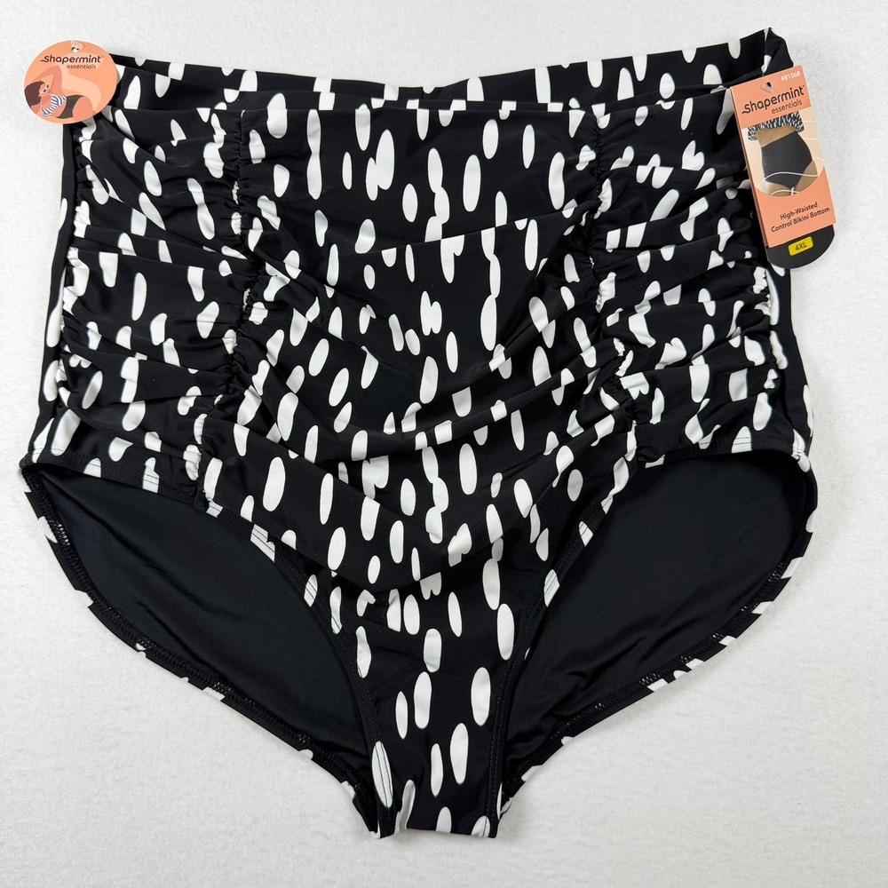 Shapermint Essentials High Waisted Control Bikini Bottom Black White Dot 4XL NEW